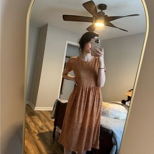 Pink Smocked Midi Sundress with Crew Neck